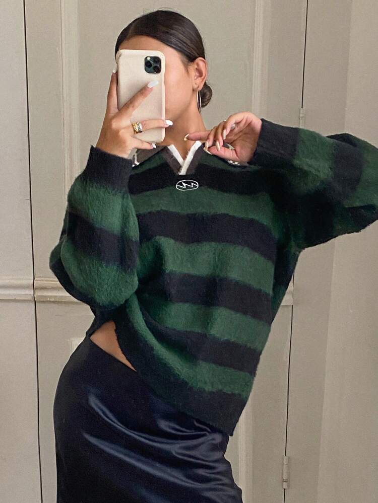 Women Striped Color Block Fuzzy Polo Collar Loose Sweater Fall,Winter