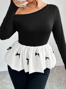 SHEIN Unity 大码女式不对称领口长袖T恤，带荷叶边下摆和蝴蝶结装饰，适合秋季和春季穿着