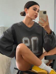 DAZY Áo nỉ dày lót nhiệt cổ chữ V màu tương phản cho nữ, quần áo mùa thu - Xám - Xem 1