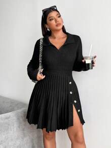 Calvaya Vestido de suéter de punto con cuello alto, manga larga, fruncido y apertura lateral para mujer de talla grande, ideal para otoño e invierno - Negro - Ver 5