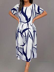 EMERY ROSE Plus Size All-Over Print Crew Neck Short Sleeve Casual Dress Women Outfit, For Summer