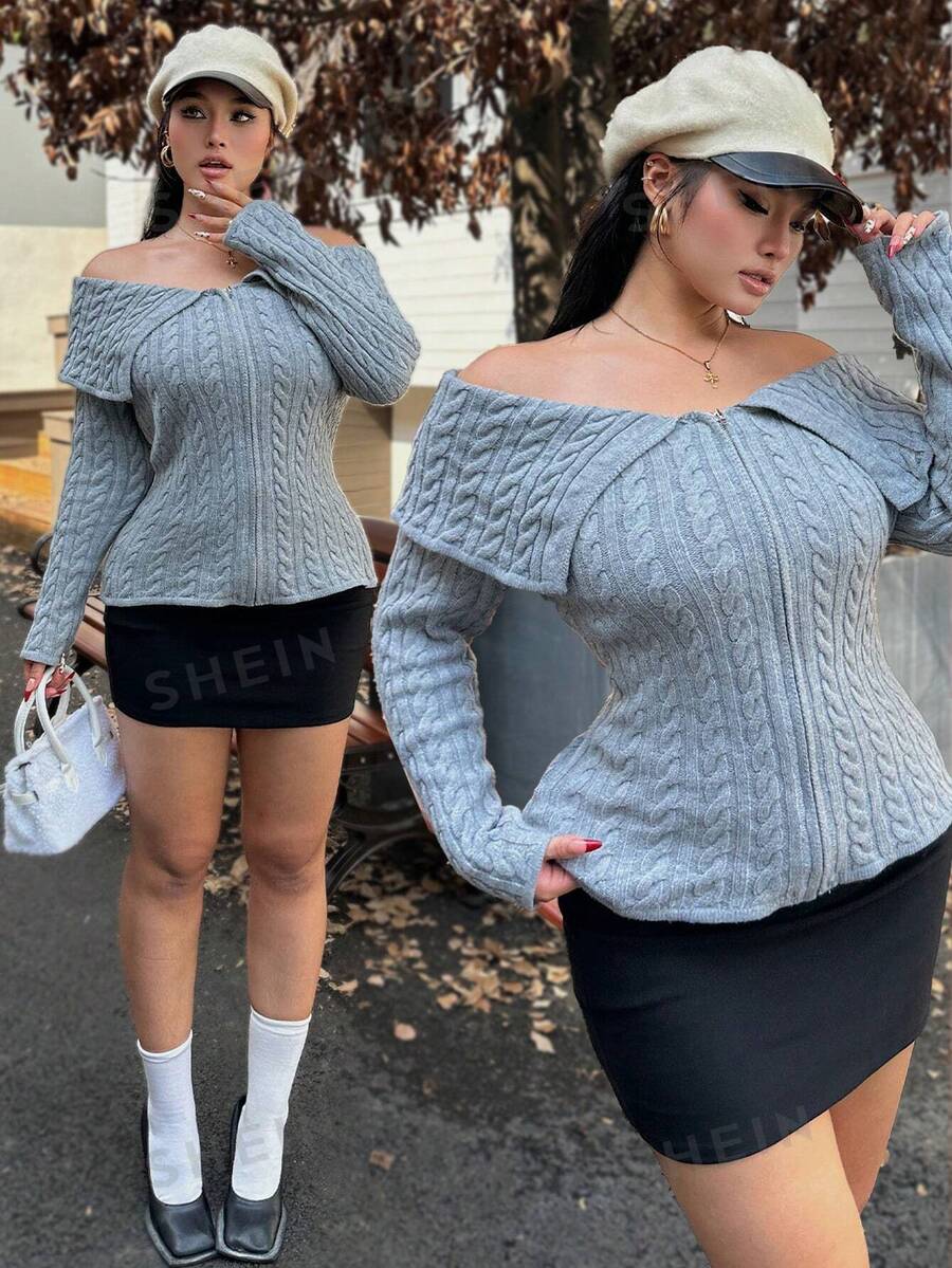 Flirla Blusa de manga larga y hombros descubiertos con cremallera delantera, estilo minimalista casual para tallas grandes