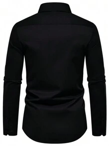 Manfinity Mode Men Plain Collar Embroidery Pocket Long Sleeve Shirt, Fall, Old Money Style - Black - View 2