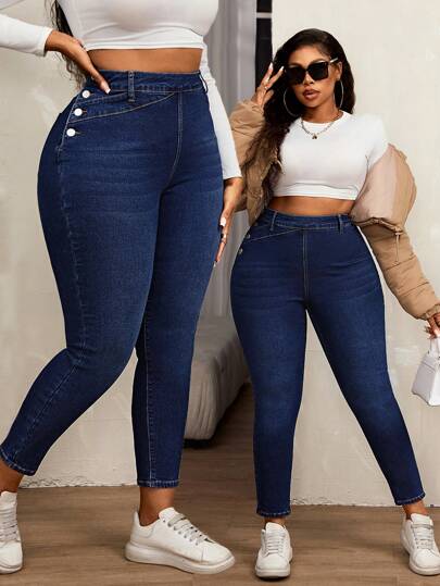 SHEIN SXY Jeans ajustados de talla grande para mujer con botones elásticos laterales