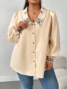 SHEIN CURVE+ Blusa de manga larga con detalles de bordado, estilo burbuja, para vacaciones, talla grande