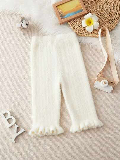 Baby Girl Embroidered Flare Pants With Fluffy Lining, Soft & Cozy Knit Trousers, Suitable For Indoor & Outdoor Wear, Casual & Style