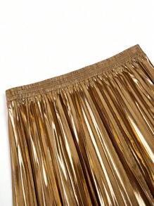 SHEIN Unity Plus Size Women Metallic Waist Elastic Pleated A-Line Skirt For New Year Holiday Party Clothes - Gold - View 4
