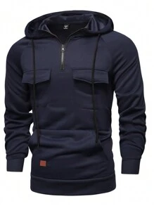 Manfinity 1 Áo nỉ trùm đầu màu trơn tay dài có túi khóa kéo phía trước dành cho nam phong cách tối giản - Màu xanh hải quân - Xem 1