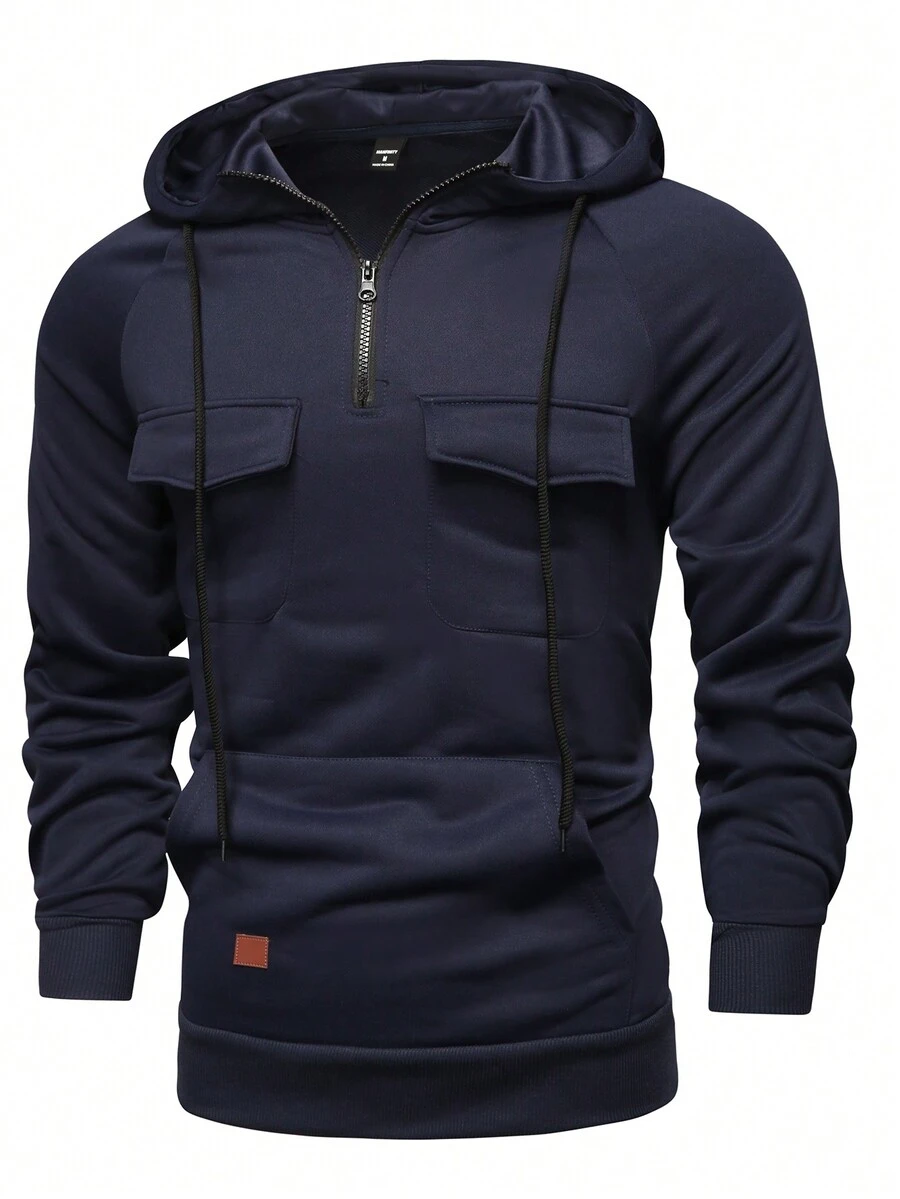 Manfinity 1 Áo nỉ trùm đầu màu trơn tay dài có túi khóa kéo phía trước dành cho nam phong cách tối giản - Màu xanh hải quân - Xem 1