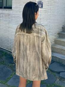 DAZY 2 件套女士套装：前扣长袖衬衫和口袋装饰裙、短款女士套装、秋装 - 卡其色 - 查看 2