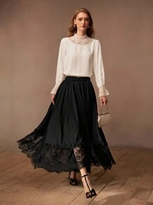 MOTF PREMIUM 纯色蕾丝下摆喇叭裙 - 黑色 - 查看 4