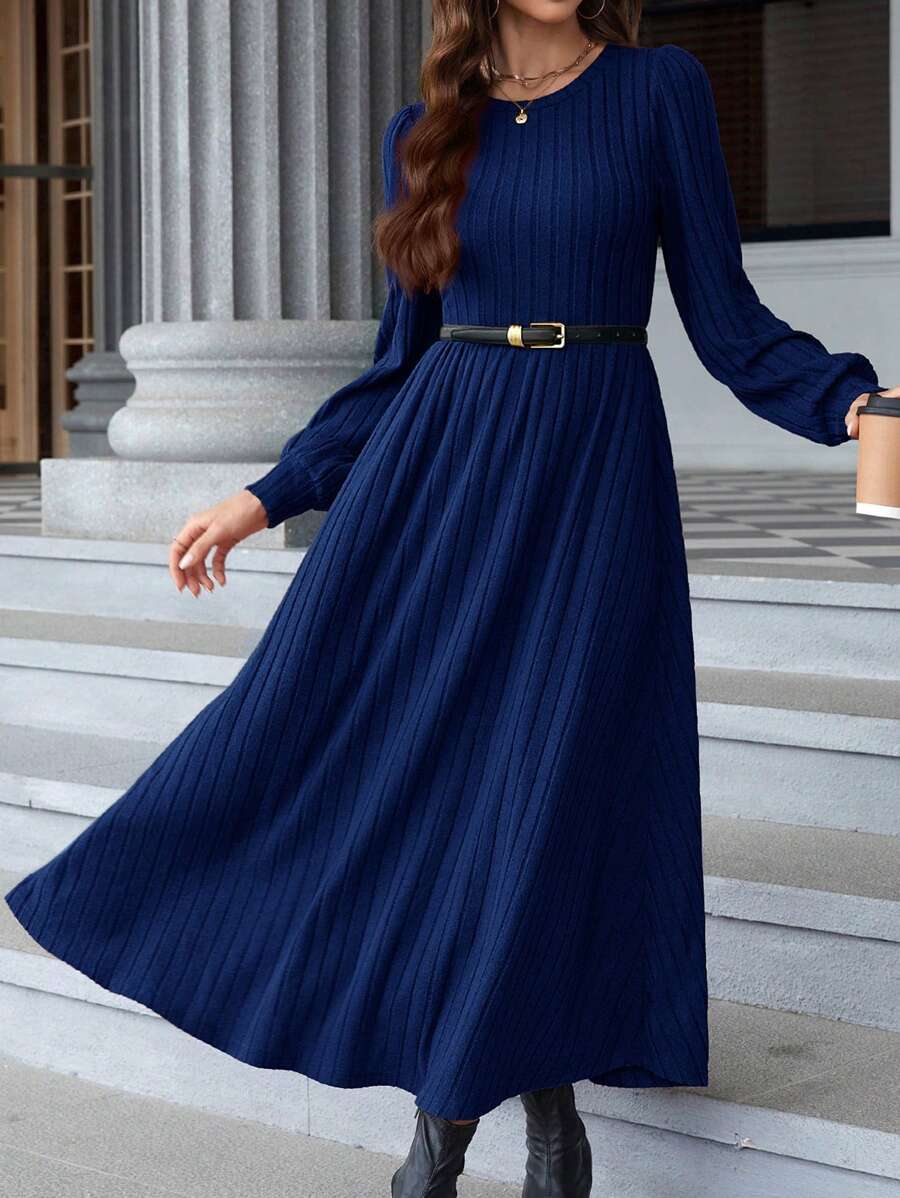 EMERY ROSE Women's Round Red Dress Neck Lantern Sleeve Ribbed Bodycon Winter Dress - Navy Blue - View 1