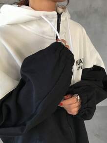 FRIFUL 女士长款宽松拼接字母印花开襟连帽卫衣，长袖上衣，秋季女装外套拉链连帽衫 - 黑與白 - 查看 6