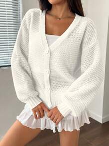 EURMUSE 大码女式纯色落肩长袖单排扣宽松休闲针织开衫 - 白色 - 查看 6