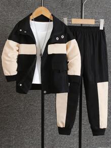 Áo khoác dài tay cài nút phía trước màu tương phản cho bé trai và quần cạp chun thường ngày - Nhiều màu - Xem 1