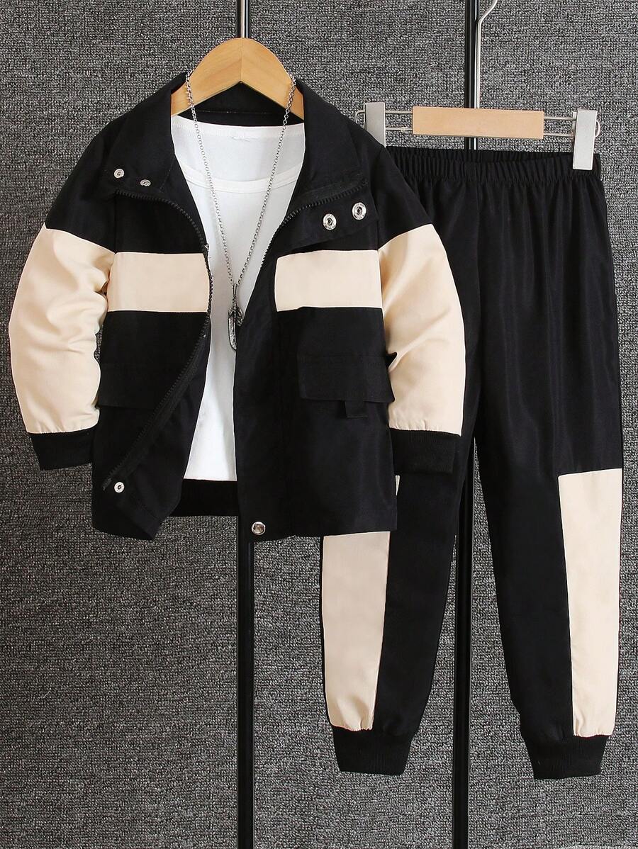 Áo khoác dài tay cài nút phía trước màu tương phản cho bé trai và quần cạp chun thường ngày - Nhiều màu - Xem 1