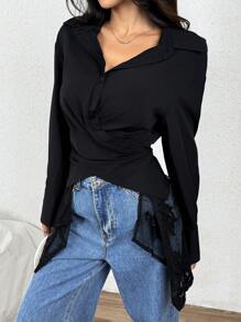 Calvaya French Style Elegant Sweet Scoop Neck Lace Splice Back Fashionable Casual Backless Blouse For Women Women Shirt