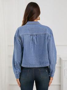 SHEIN Giacca di jeans casual con bottoni frontali e tasche, maniche lunghe, colore tinta unita, per gravidanza - Blu lavato medio - Visualizzare 2