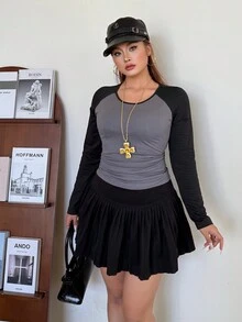 Flirla 大码撞色圆领荷叶边长袖上衣 - 深灰色 - 查看 6