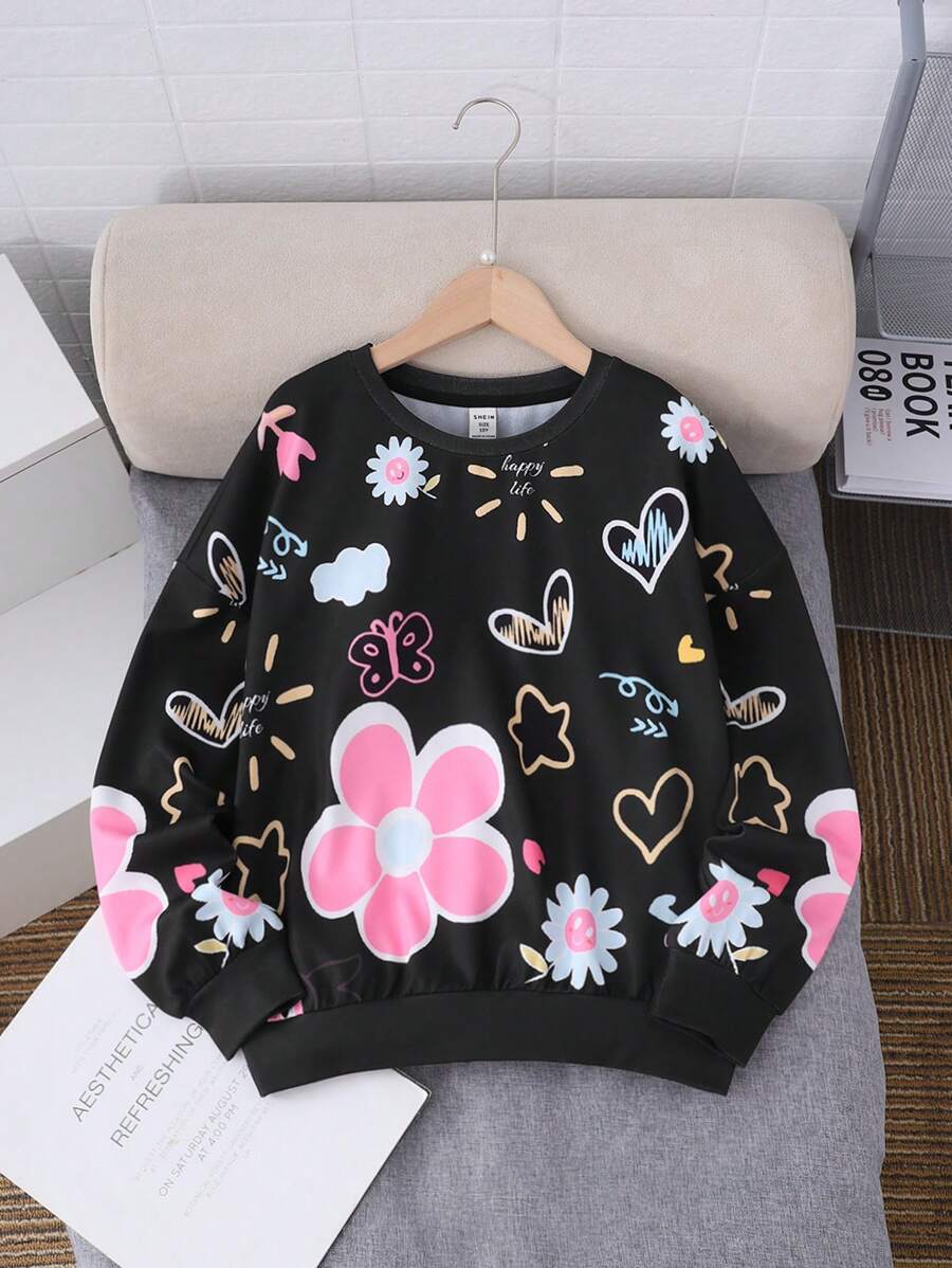 SHEIN Áo nỉ cổ tròn in họa tiết hoạt hình thoải mái, mềm mại, tối giản cho bé gái tuổi teen - màu đen - Xem 1