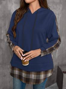 EMERY ROSE Áo khoác nỉ hai mảnh dáng rộng, phối họa tiết kẻ caro, có dây rút, chất liệu giả da, thích hợp mặc mùa thu. - Màu xanh hải quân - Xem 5