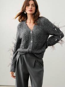 Anewsta Women's Fashion Modern Christmas Floral Gray Sequin Rhinestone Feather Decor Pullover Sweater For Work, Autumn