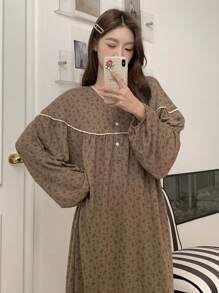 DAZY 褶皱碎花宽松睡裙睡衣，宽松舒适，秋冬款 - 摩卡棕 - 查看 6