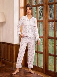 Oxana Conjunto de pijama de mujer diseñador de top de manga larga con encaje de flores blancas y pantalones, para vacaciones, primavera y verano, salir