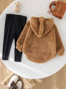 SHEIN 女婴秋冬可爱百搭卡其色毛绒连帽上衣和松紧腰裤两件套 - 棕色 - 查看 2