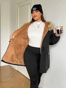 SHEIN EZwear Parka noire doublée polaire grande taille avec col amovible en fausse fourrure, taille cintrée. Manteau ample et ajusté réversible pour l'automne/l'hiver, thermique