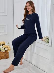 RueChic 100% Cotton 2Pcs  Slogan Injection Printed Shirt And Lounge Bottom Homewear Lounge Set - Navy Blue - View 5