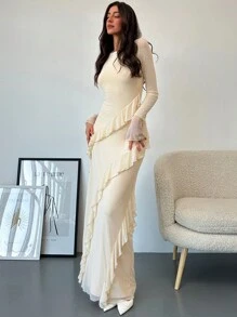 Aloruh Vestido Romântico para Encontro com Gola Babado, Manga Lanterna, Ajustado e Transparente, Cor Damasco