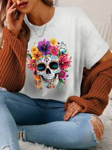 SHEIN LUNE Áo thun nữ tay ngắn cổ tròn in hình đầu lâu giản dị, phù hợp cho mùa hè - trắng - Xem 2