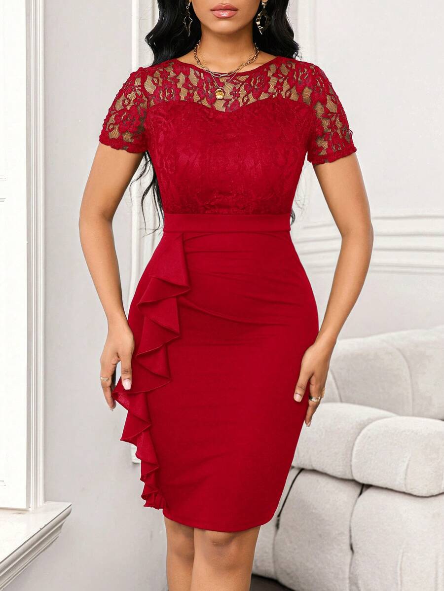 SHEIN Lady 婚礼宾客礼服蕾丝拼接荷叶边女士包臀裙工作聚会女装连衣裙 - 紅色 - 查看 1