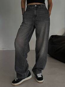 DAZY 女式休闲纯色拉链直筒宽松牛仔裤 - 灰色 - 查看 6