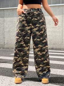 SHEIN EZwear Pantalones holgados y elásticos con estampado de camuflaje, para otoño/invierno, tallas grandes - Multicolor - Ver 5