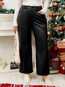 SHEIN LUNE 大码冬季纯色前扣口袋简约设计休闲羊毛保暖皮裤，日常穿着 - 黑色 - 查看 3