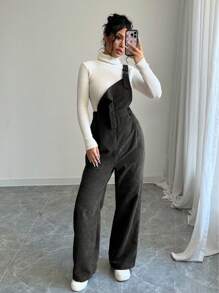 Selianne Quần yếm thường ngày dây dày màu trơn cho nữ, áo liền quần không tay bằng vải nhung kẻ - màu đen - Xem 3