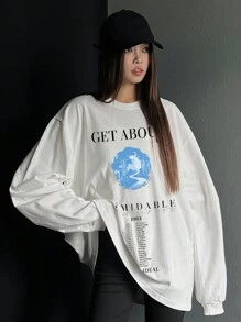 DAZY Locker geschnittenes Rundhals-Grafik-T-Shirt für Frauen, Langarm-Damenblusen für den Herbst