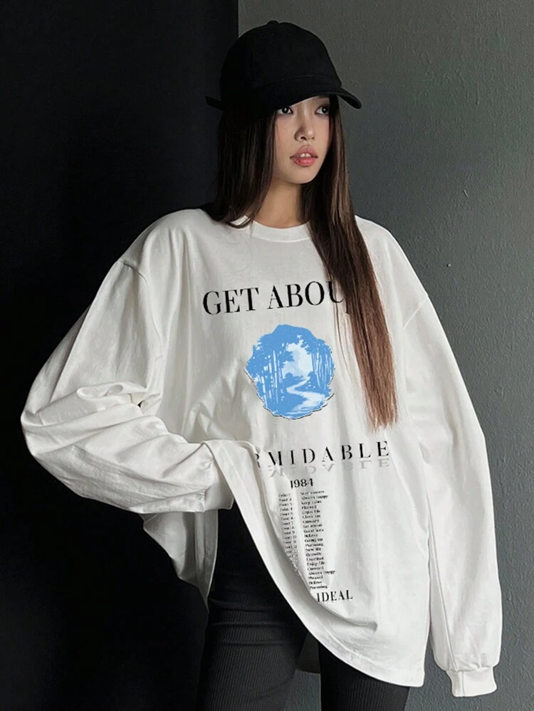 Loose Fit Round Neck Graphic Print T-Shirt For Women,Fall Clothes Long Sleeve Women Tops