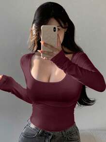 DAZY 圆领纯色修身长袖T恤，春季休闲风格，秋季服装 - 酒紅色 - 查看 4