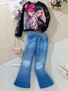 SHEIN Set da 2 pezzi di Maglietta con stampa a stelle e jeans a zampa per ragazze pre-adolescenti, stile di moda da strada