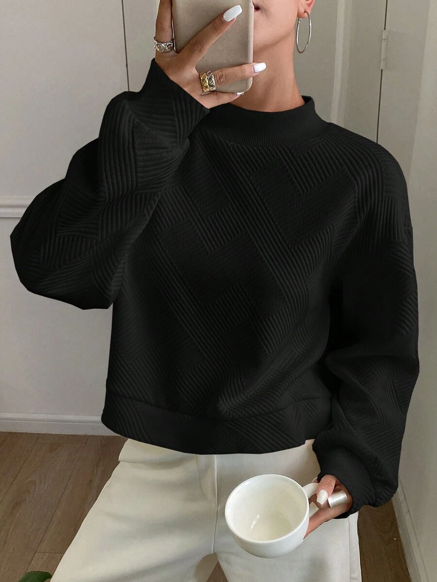 DAZY 1 件女士休闲纯色纹理宽松运动衫，秋冬，长袖上衣，秋季女装 - 黑色 - 查看 1