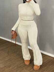 Slaydiva 2pcs Plus Size Women Casual Basic Sport Everyday Solid Color Long Sleeve Cropped Top And Long Flared Pants Set - Apricot - View 3