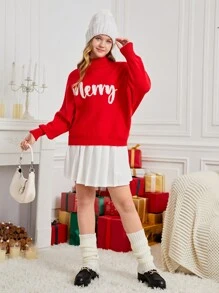 SHEIN Teen Girl Christmas Slogan High Neck Loose Casual Warm Versatile Red Pullover Sweater Autumn Winter Clothes For Girl - Red - View 7