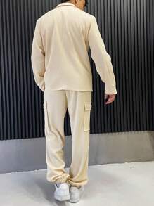 Manfinity Homme 2 件套男士纯色立领长袖单排扣工装夹克和裤子套装，秋季 - 米色 - 查看 2