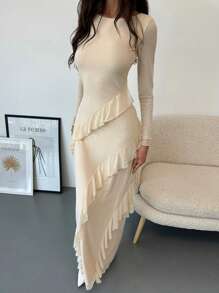 Aloruh Vestido Romântico para Encontro com Gola Babado, Manga Lanterna, Ajustado e Transparente, Cor Damasco