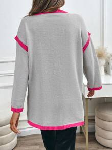 SHEIN Unity Women's Casual Contrast Color V-Neck Loose Knitted Sweater, Autumn/Winter Fall - Grey - View 2