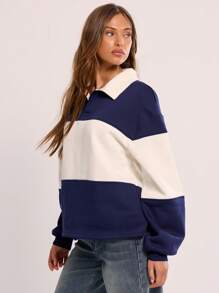 MUSERA Collared Striped Sport Jersey Sweatshirt Back To School Autumn Winter Cosy Fall  Cute Everyday Capsule Wardrobe Y2K Streetwear Office Workwear Business Casual Spring Vacation - Navy Blue - View 2