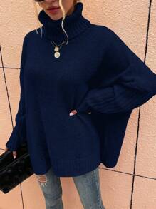 EMERY ROSE Casual Solid Color High Neck Drop Shoulder Loose Knit Sweater, Autumn/Winter Knit Pullover Fall - Navy Blue - View 4